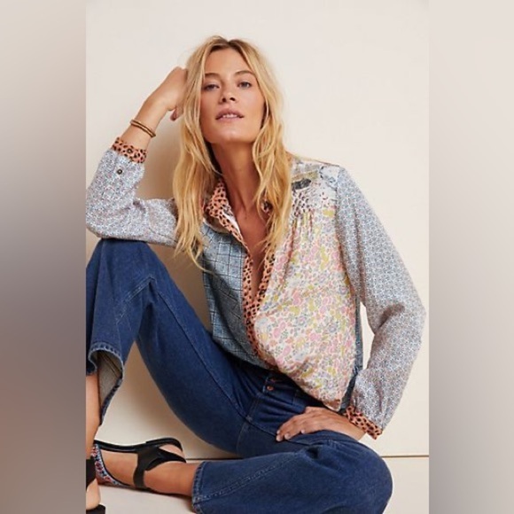 Anthropologie Tops - Anthropologie Maeve Mixed Print Button Down Blouse Patchwork Size XS